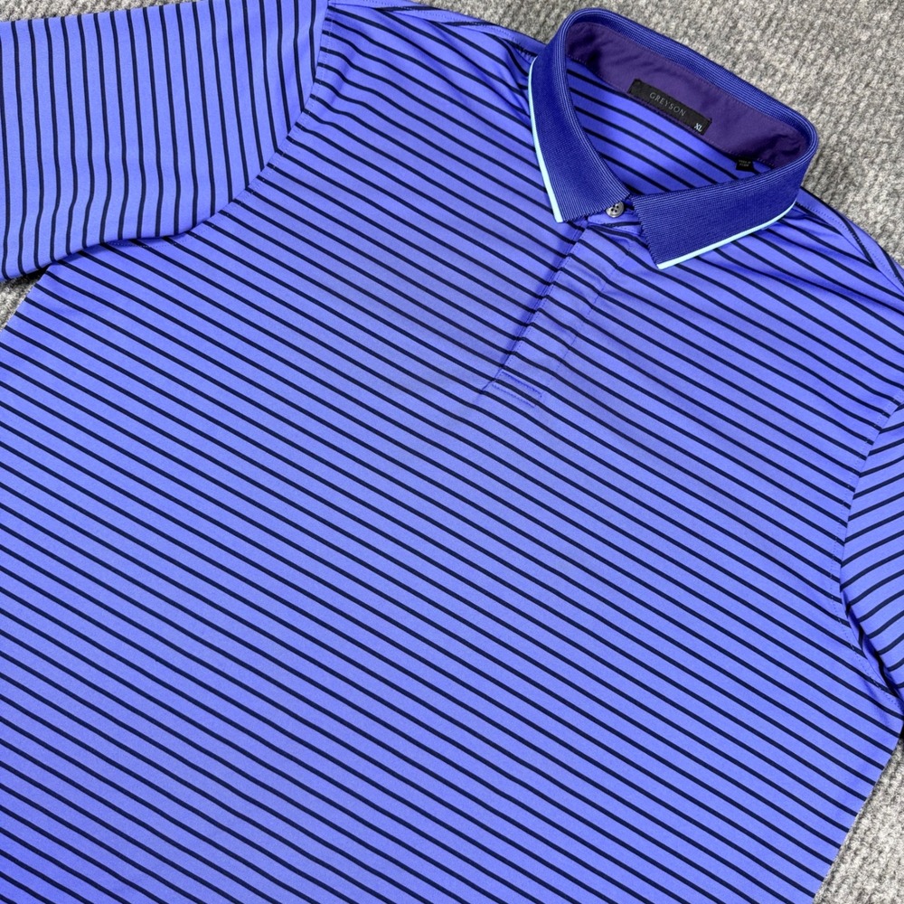 Greyson Mens XL Purple Navy Striped Golf Polo Shirt Short Sleeve Wolf Logo